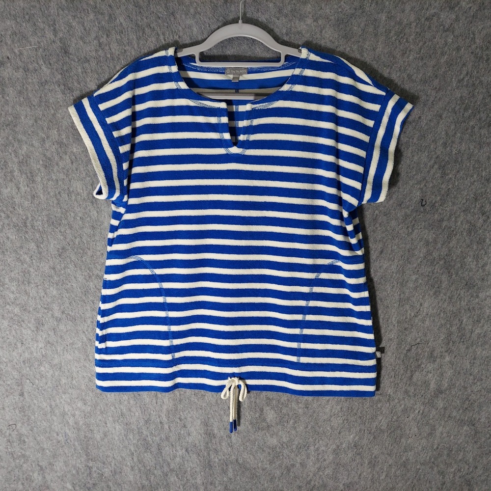 T by Talbots Women Cotton Terry Cloth Striped Top LP Blue Nautical Drawstring
